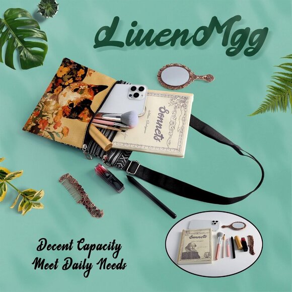 Floral Cat Crossbody Bag Small Ethnic Pattern Adjustable Strap Zipper Bag - Picture 7 of 7